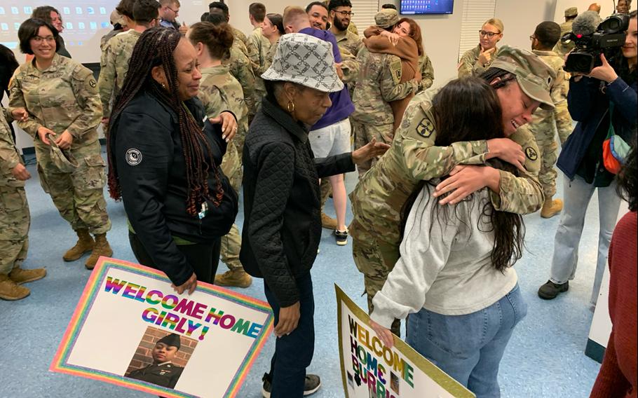 54th Quartermaster Company Soldiers meet with family and friends after a welcome home ceremony on April 12, 2024, at the Family Life Center on Fort Gregg-Adams, Va.
