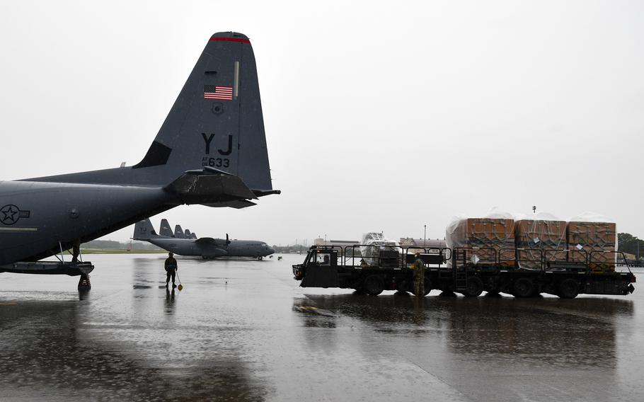 Airmen at Yokota Air Base, Japan, palletized and delivered 18 tons of Army and Air Force Exchange Service inventory to Andersen Air Force Base, Guam, June 3, 2023, to aid recovery efforts following Typhoon Mawar.