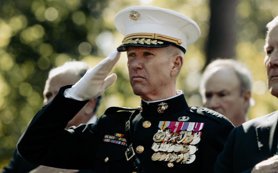 Commandant of the Marine Corps Gen. Eric M. Smith salutes during ceremonial colors at the 40th Beirut Memorial Observance Ceremony at Lejeune Memorial Gardens in Jacksonville, North Carolina, Oct. 23, 2023. The memorial observance is held annually on October 23 to remember the lives lost in the terrorist attacks at U.S. Marine Barracks in Beirut, Lebanon and Grenada.