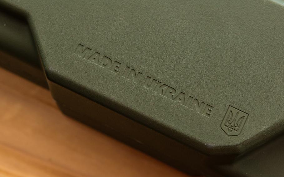 A “Made in Ukraine” imprint on the Kvertus AD MW “anti-drone rifle,” which generates interference in the radio frequency range used to control a drone. 