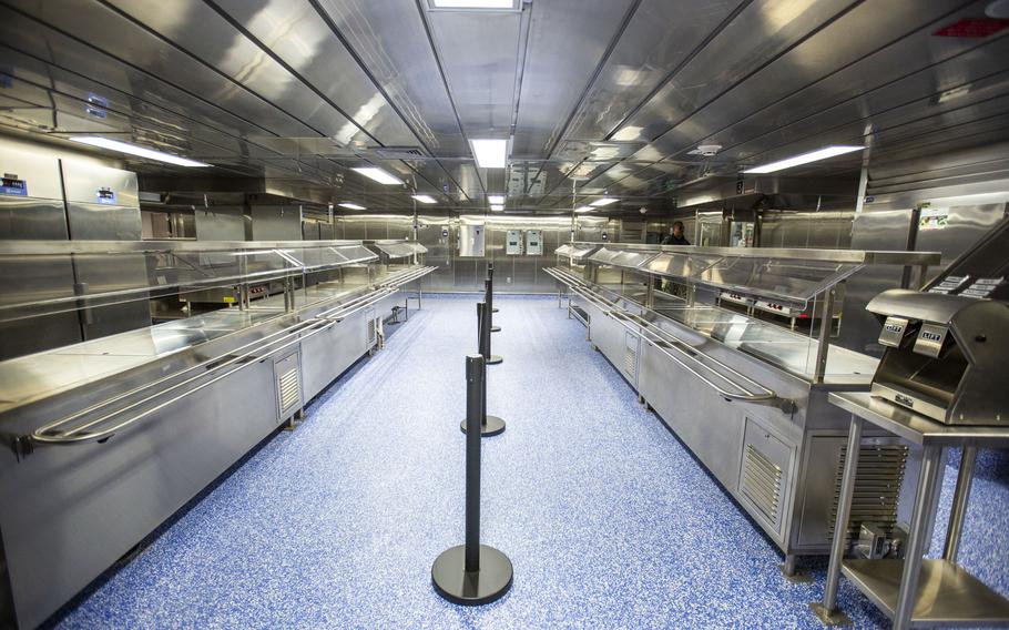 Part of the mess hall aboard the Auxiliary Personnel Lighter 68 housing barge docked at the Norfolk Naval Shipyard in Portsmouth on Nov. 21, 2022.