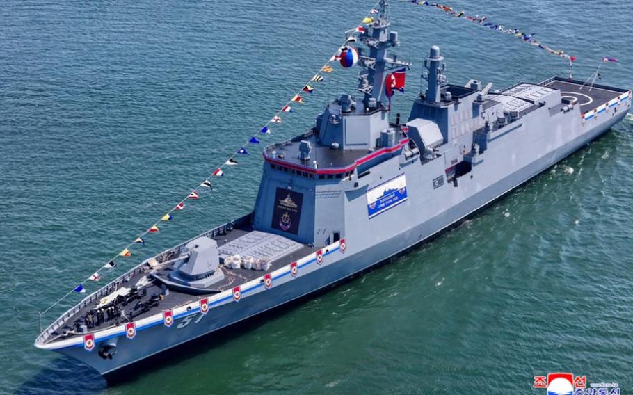 North Korea’s new destroyer transits the water.