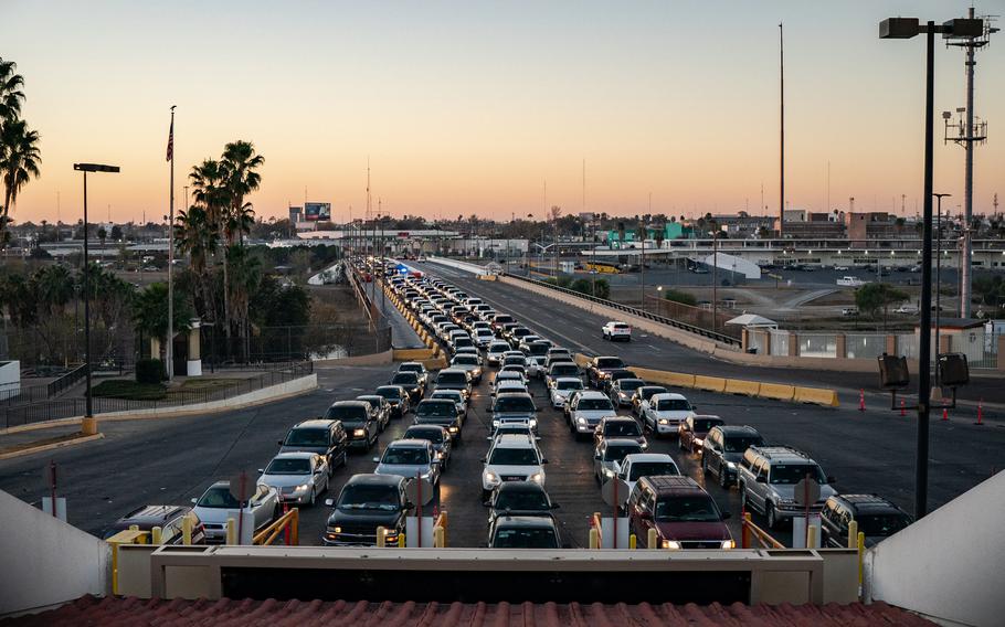 Cars are seen on Puente International Bridge as they make their way into the United States from Mexico at the Laredo Port of Entry in Laredo, Texas, on Jan. 14, 2022. 