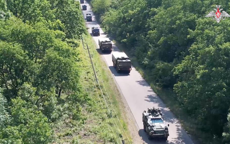 Russian military vehicles are seen during the first stage of drills, involving practical training in the preparation and use of non-strategic nuclear weapons, at an unknown location in Russia’s Southern Military District, in this still image taken from video released May 21, 2024. 