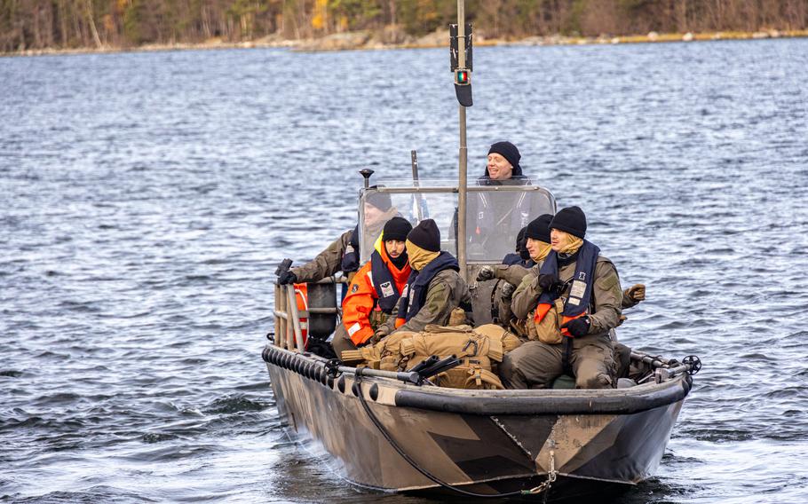 U.S. Marines with 2nd Reconnaissance Battalion, 2nd Marine Division operate a Finnish G-Class landing craft off the coast of Finland, Nov. 2, 2023. The drill was part of preparations for Freezing Winds 23, a Finnish-led maritime exercise.