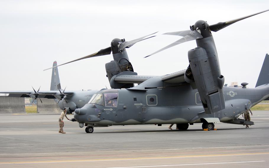 A CV-22B Osprey arrives at Yokota Air Base, Japan, April 5, 2018.