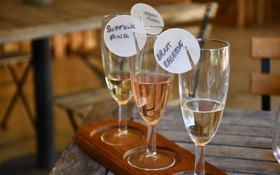 A sparkling wine flight at Giffords Hall Vineyard in Bury St. Edmunds, England.