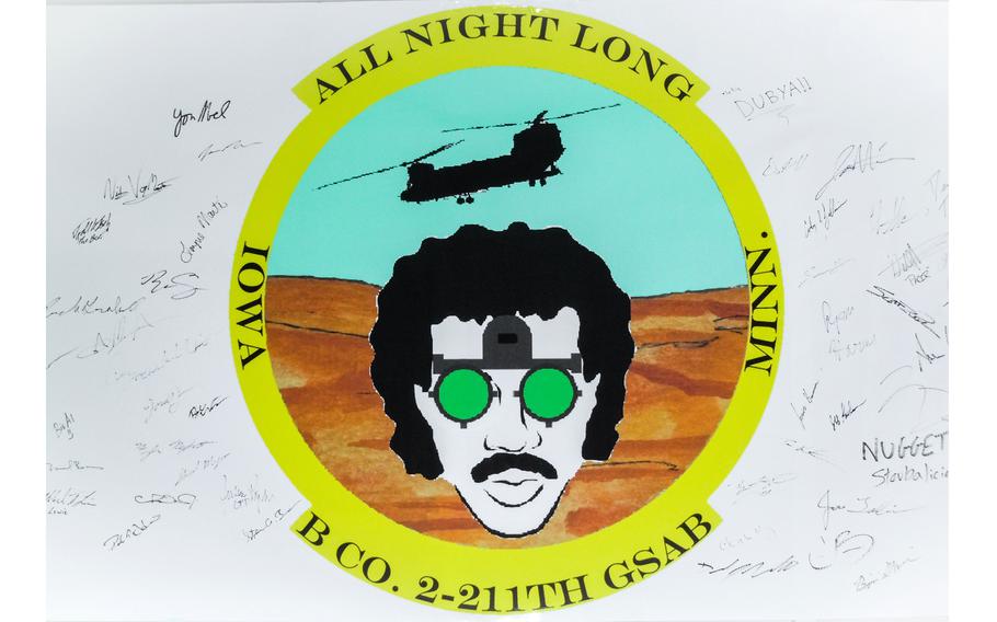 An “All Night Long” sticker surrounded by Soldiers’ signatures is shown on a crew room wall at Camp Taji, Iraq, in 2011. The Iowa Army National Guard’s 2nd Battalion, 211th General Support Aviation Battalion, adopted the “All Night Long” slogan when they deployed to support Operation New Dawn in 2011. Lionel Richie’s 1983 musical hit was a perfect fit for the aviators, who flew CH-47 Chinooks strictly at night for nearly a year. 