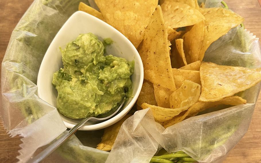 The chips and guacamole from Chiles Mexican Grill in Harajuku, Tokyo. The chips are crunchy, and the guacamole tastes fresh with a nice lime kick. 