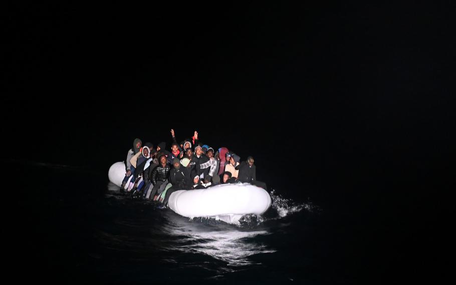A migrant raft spotted by U.S. Coast Guard cutters and the Moroccan coast guard in the Atlantic Ocean on Jan. 5, 2022. 