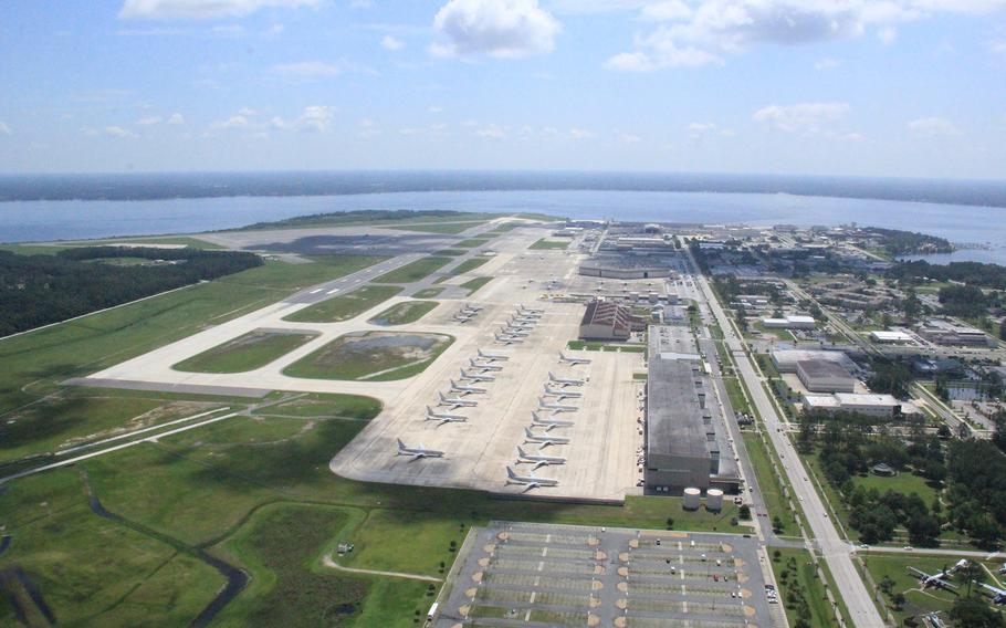 An aerial view of Naval Air Station Jacksonville, Fla., on May 20, 2018. NAS Jacksonville is comprised of 28,000 acres that include the air station, Outlying Field Whitehouse, and the Pinecastle Range Complex. 