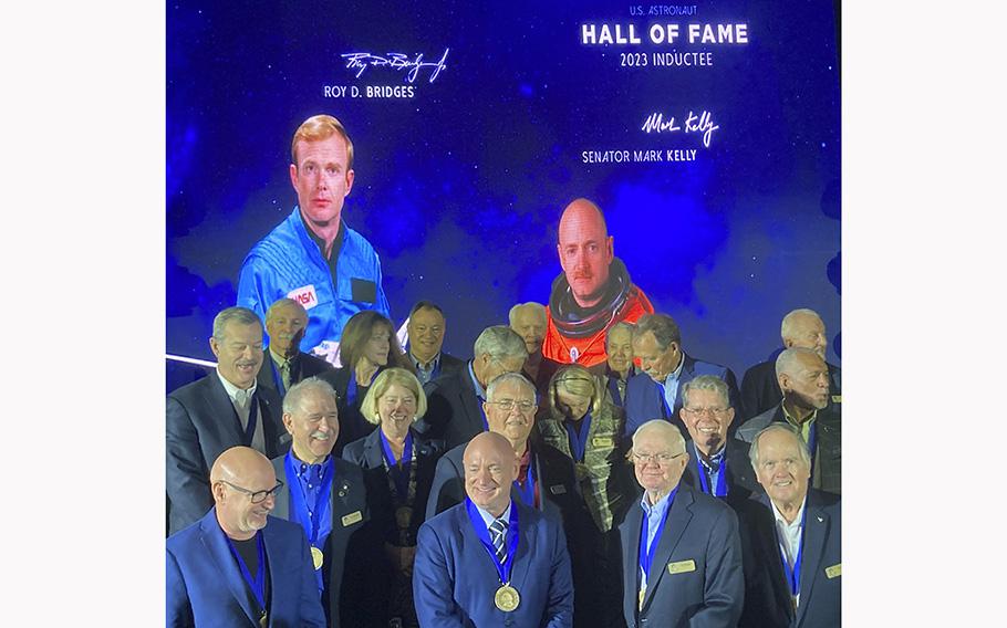 Former astronauts U.S. Sen. Mark Kelly and retired Air Force Maj. Gen. Roy Bridges were inducted into the U.S. Astronaut Hall of Fame during a ceremony at Kennedy Space Center Visitor Complex on Saturday, May 6, 2023. 
