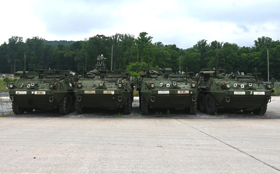 Stryker vehicles from the 56th Stryker Brigade Combat Team await shipment at Fort Indiantown Gap, Pa., June 5, 2024. The brigade is turning in 322 old Strykers and will receive 316 upgraded vehicles in mid-2025.
