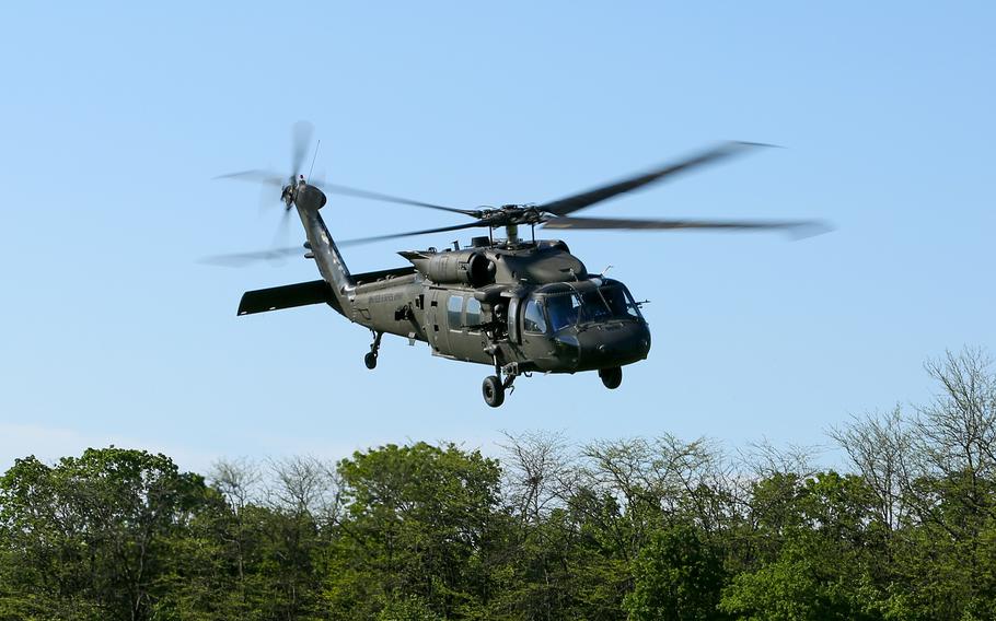 A U.S. Army UH-60 Black Hawk helicopter takes off from the Babadag Training Area, Romania, in May 2021. 