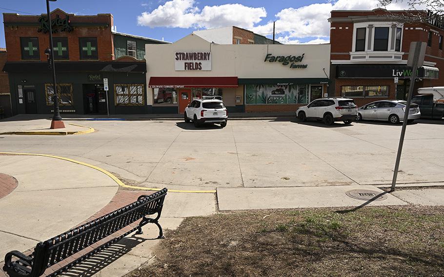 Several marijuana shops are grouped together on March 20, 2023, in Trinidad, Colorado. Trinidad near the Colorado and New Mexico state line has around 20  marijuana dispensaries. 