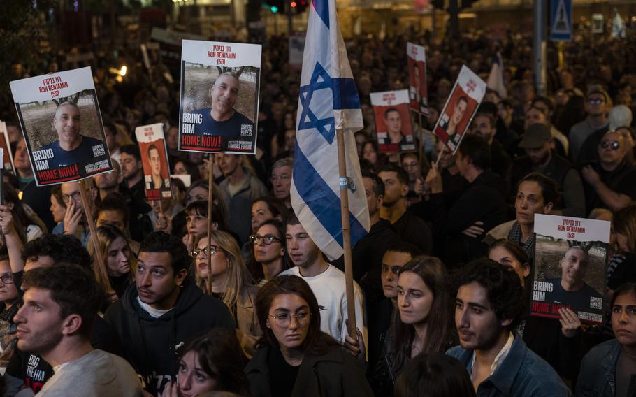 Israelis rally in Tel Aviv on Dec. 30, 2023, in support of family members of the hostages held by Hamas in Gaza. 