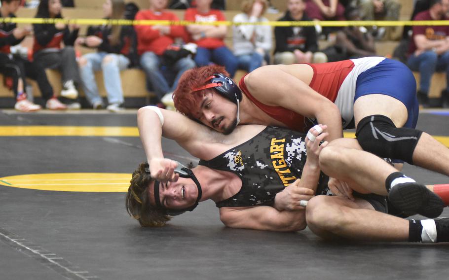 Lakenheath’s Lucius Bowman defeated Stuttgart’s Jace Holmes at 165 pounds at the DODEA European Wrestling Championships on Friday, Feb. 9, 2024, in Wiesbaden, Germany.