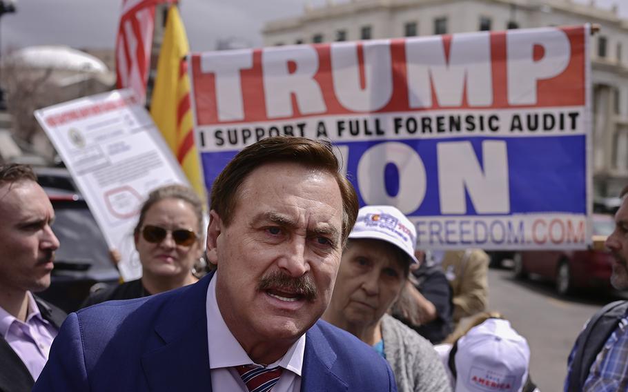 MyPillow CEO Mike Lindell at a rally at the Colorado Capitol in Denver on April 5, 2022. 