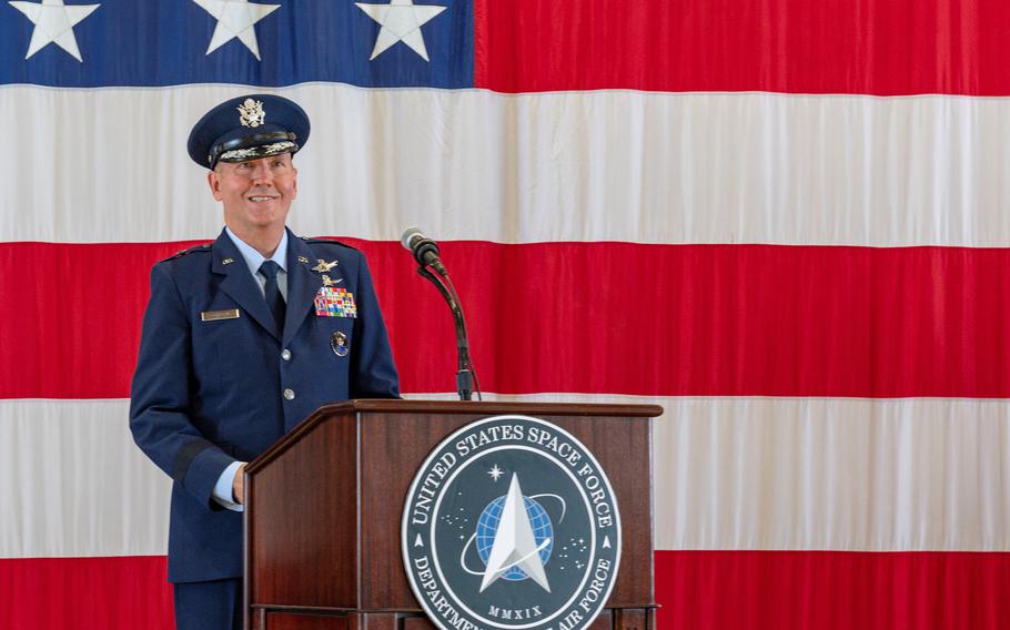 Brig. Gen. Shawn N. Bratton, first commander of the Space Training and Readiness Command, shares his vision for his command during a ceremony at Peterson Space Force Base, Colo., Aug. 23, 2021. Six current and future Space Force bases are in the running to be the new home to the command's headquarters and subordinate units.