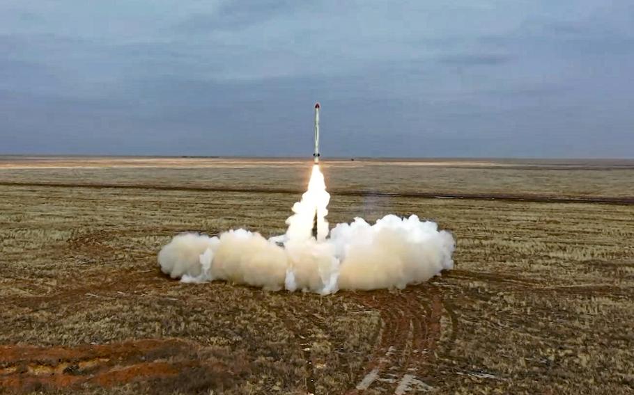 This photo taken from video provided by the Russian Defense Ministry Press Service on Saturday, Feb. 19, 2022, shows a Russian Iskander-K missile launched during a military exercise at a training ground in Russia.