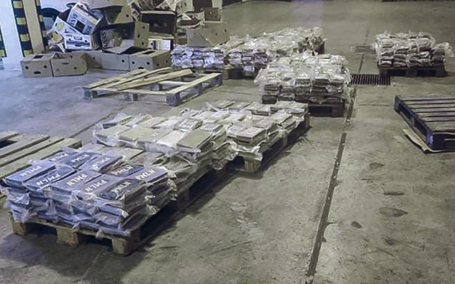 Packets containing cocaine which was hidden in boxes of bananas are seen at Malta Freeport, an international transshipment hub on Malta’s southeastern tip, after it was seized by Customs Malta, late Tuesday, June 8, 2021.