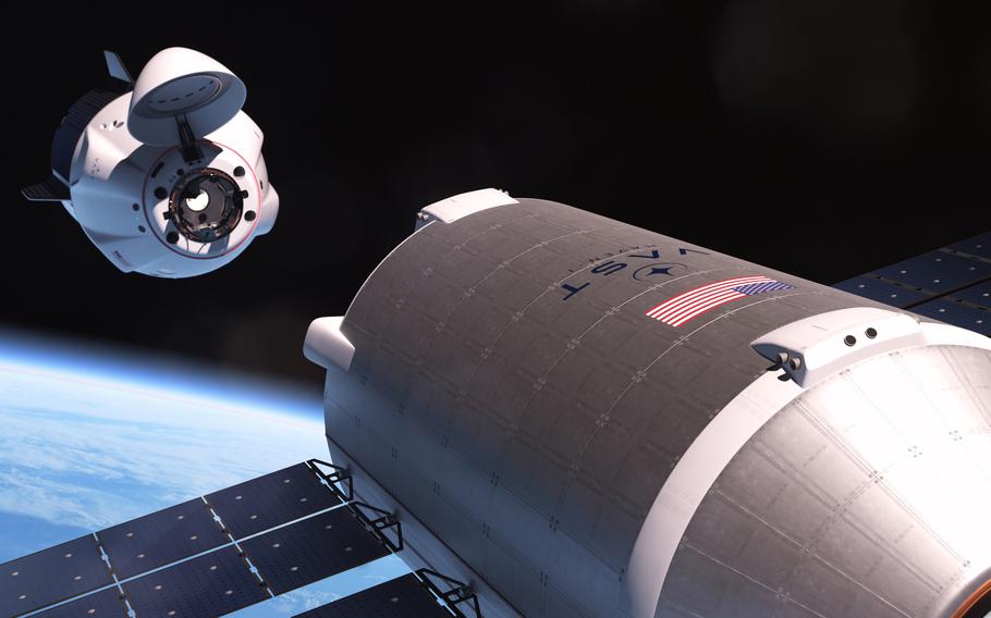 An illustration depicts a SpaceX Dragon spacecraft approaching Vast’s Haven-1 space station. The company hopes the habitation module will be ready for launch by late 2025. Vast has a contract with SpaceX to launch the station, as well as a crew of four astronauts.