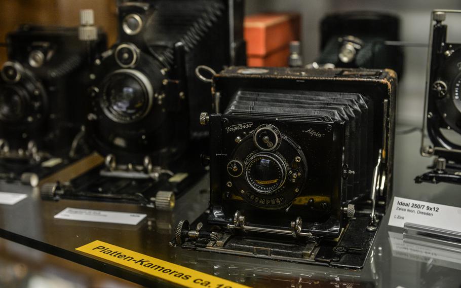 A Voigtlander Alpin, a horizontal folding bed plate camera in the showroom at the 3F German Film and Photo Technology Museum in Deidesheim, Germany, Dec. 2, 2021. Plate cameras were in common use by professionals and increasing numbers of hobbyists during the 1900s.