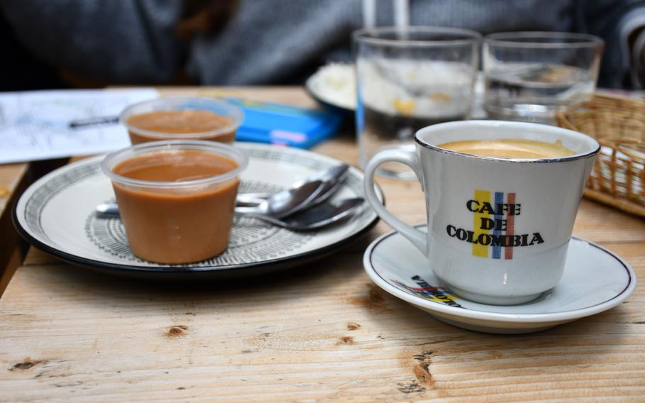 An order of Colombian coffee with arequipe dessert at La Latina Bustaurante in Cambridge, England.