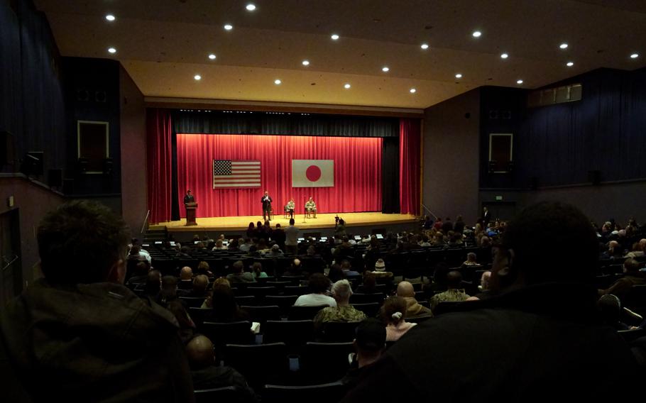 Gilbert Cisneros Jr., undersecretary of defense for personnel and readiness; Seileen Mullen, acting assistant secretary of defense for health affairs; and Army Maj. Gen. Joseph Heck answer questions about civilians' access to medical care at Yokosuka Naval Base, Japan, Tuesday, Jan. 31, 2023.