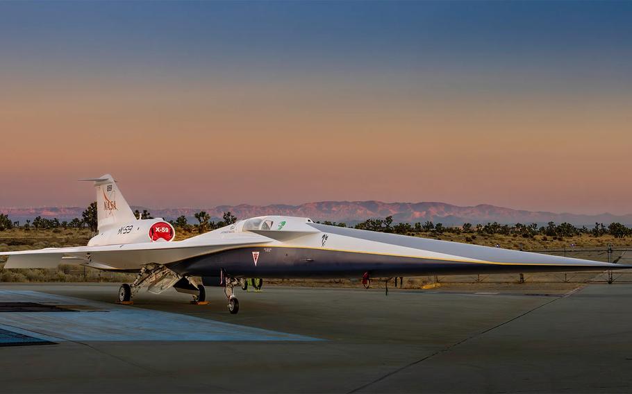 NASA’s X-59 quiet supersonic research aircraft sits on the apron outside Lockheed Martin’s Skunk Works facility at dawn in Palmdale, Calif. The X-59 is the centerpiece of NASA’s Quesst mission, which seeks to address one of the primary challenges to supersonic flight over land by making sonic booms quieter.
