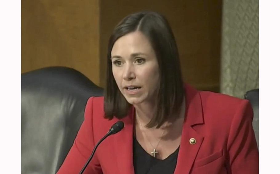 A video screen grab shows Sen. Katie Britt, R-Ala., urging Defense Secretary Lloyd Austin to “cut through the politics and make a final basing decision for the U.S. Space Command headquarters.”