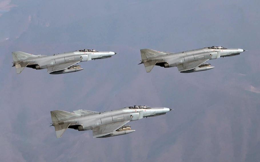 South Korean air force F-4 Phantom IIs prepare to drop 500-pound MK-82 free-fall bombs at an unspecific training site in South Korea, April 4, 2024.