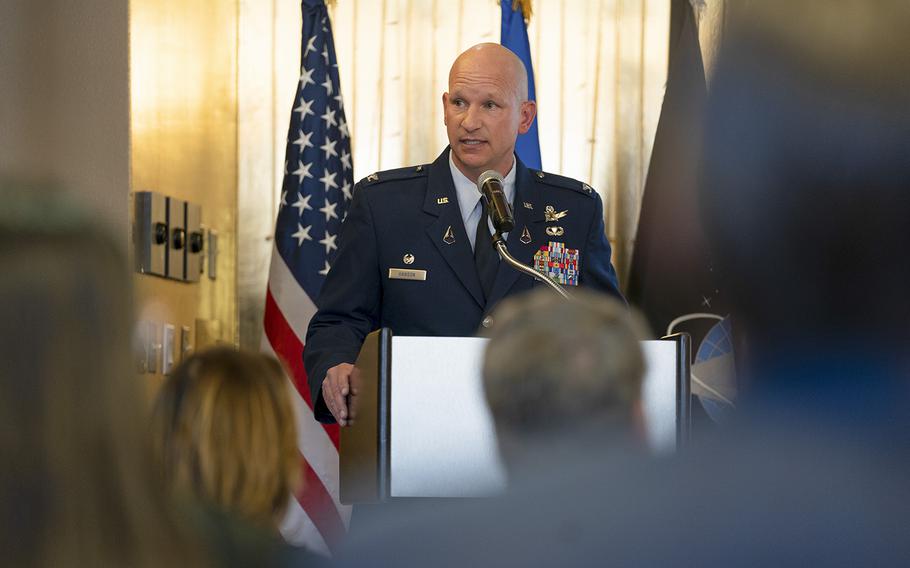 U.S. Space Force Col. David Hanson, Space Base Delta 1 commander, speaks to SBD 1 leadership and civic leaders during the States of the Bases address at Peterson Space Force Base, Colorado, March 21, 2023. 