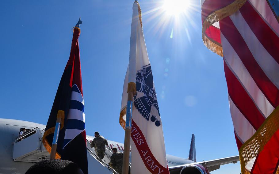 
Fort Stewart soldiers with the 3rd Battalion, 69th Armored Regiment of the 3rd Infantry Division’s 1st Armored Brigade Combat Team board a flight bound for Germany out of Hunter Army Airfield, Ga., on Wednesday, March 2, 2022. The brigade was ordered to Europe on a short-notice deployment after Russia invaded Ukraine. 