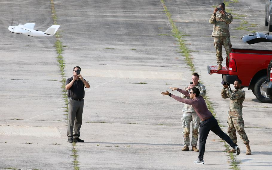 Researchers test the Carpe Dronvm smartphone app at McEntire Joint National Guard Base, S.C., on July 18, 2023. The Army envisions the app as a way to help protect personnel in the Middle East, where drone attacks are a significant threat.