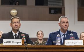 Vice Adm. Charles B. Cooper II, U.S. Navy, and Lt. Gen. Alexus G. Grynkewich, U.S. Air Force, testify Tuesday, June 24, 2025, in Washington during a Senate Armed Services Committee hearing on their nominations. Cooper is nominated to be an admiral and commander of U.S. Central Command. Grynkewich is nominated to be a general and commander of U.S. European Command and Supreme Allied Commander Europe. (Eric Kayne/Stars and Stripes)