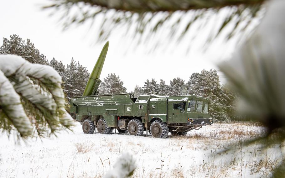 A Russian 9K720 Iskander short-range ballistic missile system during military exercises in 2019. The system fires a variety of conventional munitions but is also capable of carrying nuclear warheads.