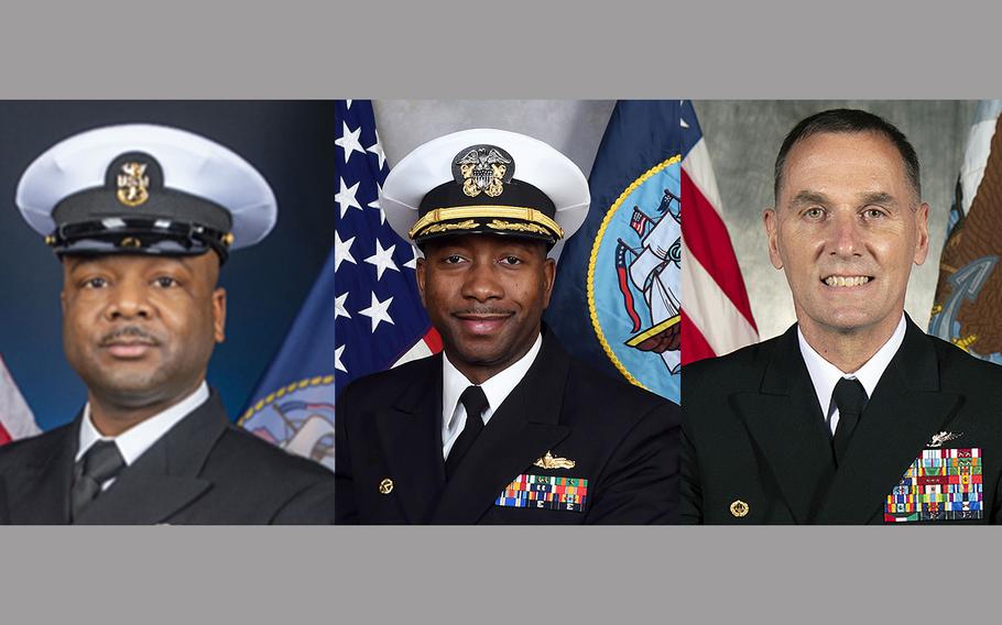 From left, Command Master Chief Earl Sanders, Cmdr. Devine Johnson and Capt. Jeffry Sandin. Johnson and Sanders were relieved of their duties on the USS Bulkeley because of “a loss of confidence in their ability to effectively function as a leadership team,” the Navy said. Sandin was removed as commanding officer of the Recruit Training Command in Great Lakes, Ill.