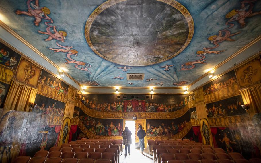 The interior of the Amargosa Opera House in Death Valley Junction, Calif., is seen above on Jan. 4, 2020. After discovering the abandoned hotel and social hall in the late 1960s, Marta Becket, a New York dancer and painter, adorned its walls and ceiling with paintings and its rooms with murals.