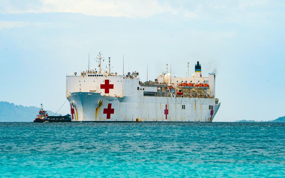 The hospital ship USNS Mercy anchors off Chuuk, Federated States of Micronesia, Jan. 18, 2024.