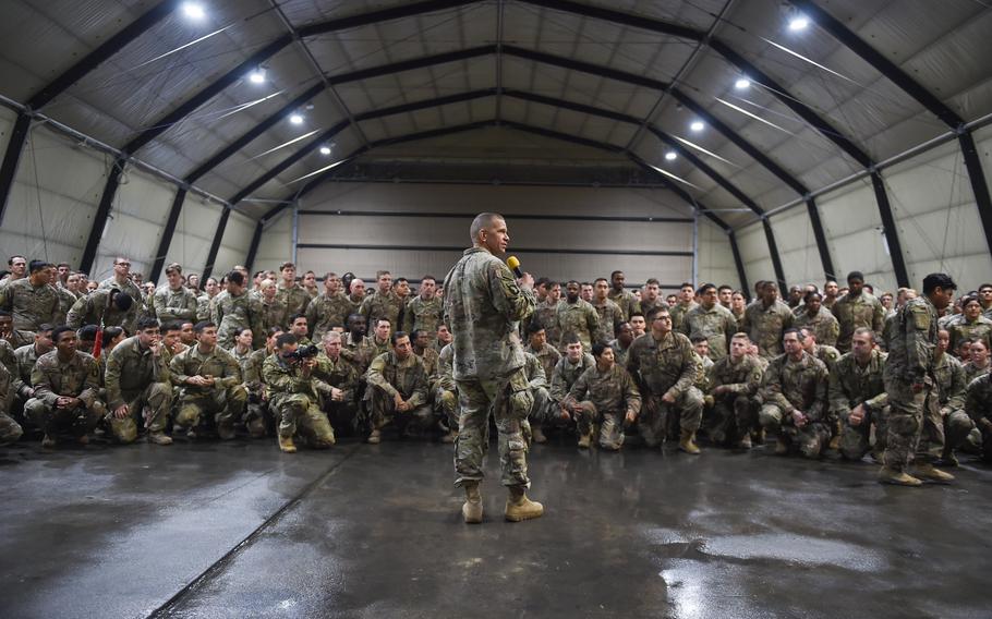 Sgt. Maj. of the Army Michael Grinston addresses soldiers from the 101st Airborne Division at Mihail Kogalniceanu Air Base, Romania, during his visit on Dec. 16, 2022. 