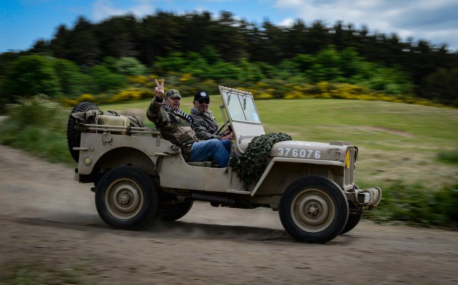 French military vehicle enthusiasts drive a vintage military Jeep during commemoration events in Berlats, France, May 27, 2022. The event was held at the original parachute landing zone codenamed "Virgule" where 15 American paratroopers of the Office of Strategic Services landed Aug. 7, 1944, to support local resistance fighters in their fight against Nazi troops in the area.