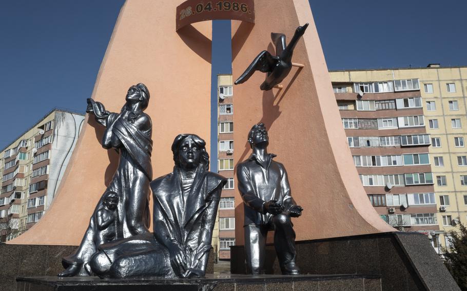 A memorial dedicated to the victims of the 1986 Chernobyl nuclear disaster stands in Varash, Ukraine.