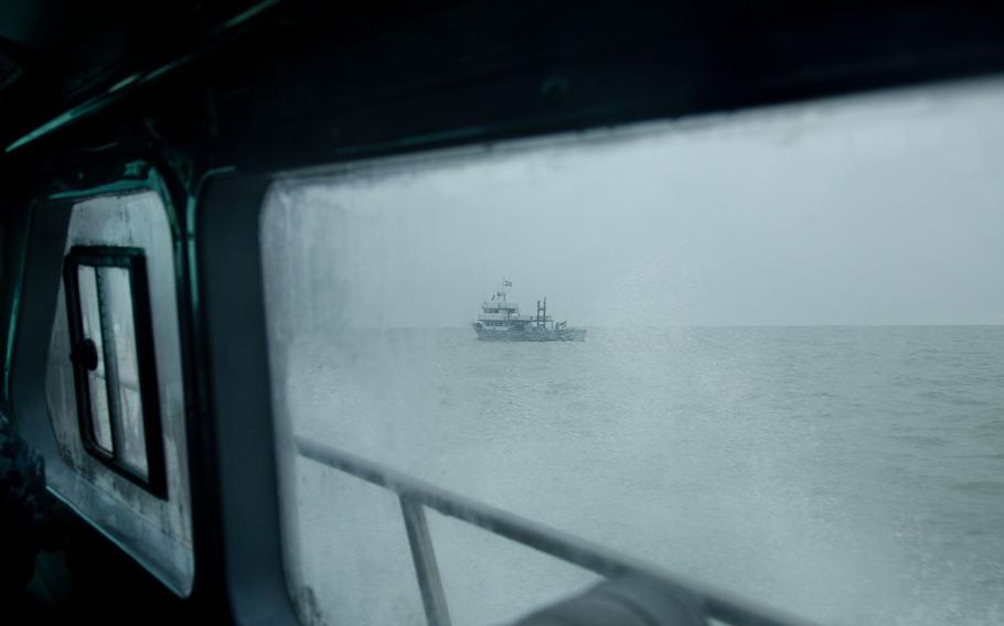The Ukrainian Maritime Border Guard boat approaching the ship Onyx off Mariupol on Dec. 16. 