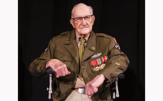 WIlliam Kongable sits on stage before a presentation to students at the Dallas Holocaust and Human Rights Museum in downtown Dallas, Thursday, May 4, 2023. Kongable, 98, was a member of the Army’s 89th Infantry Division during World War II and liberated Ohrdruf, a labor concentration camp in Germany.