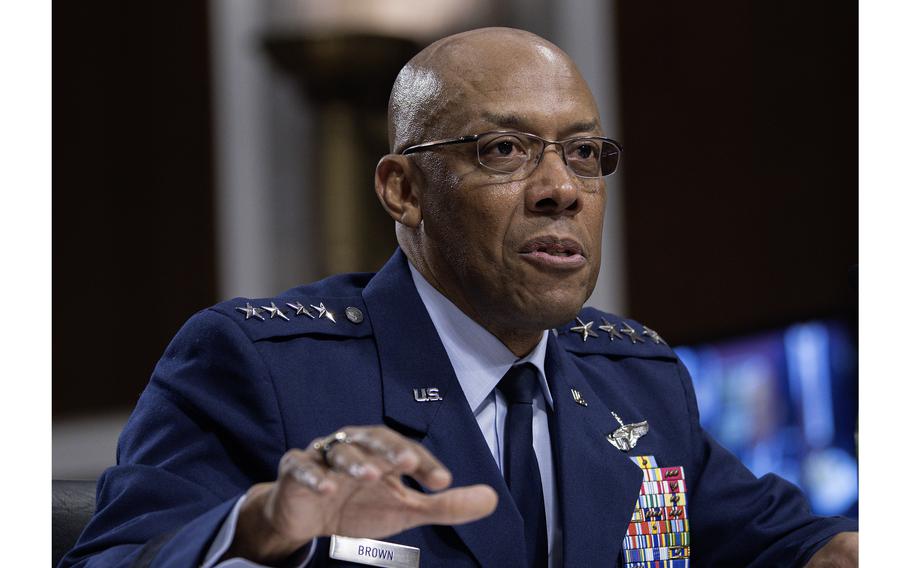 Air Force Gen. Charles Brown answers questions during a Senate Armed Services Committee hearing to consider his nomination to be chairman of the Joint Chiefs of Staff on Tuesday, July 11, 2023, on Capitol Hill in Washington. 
