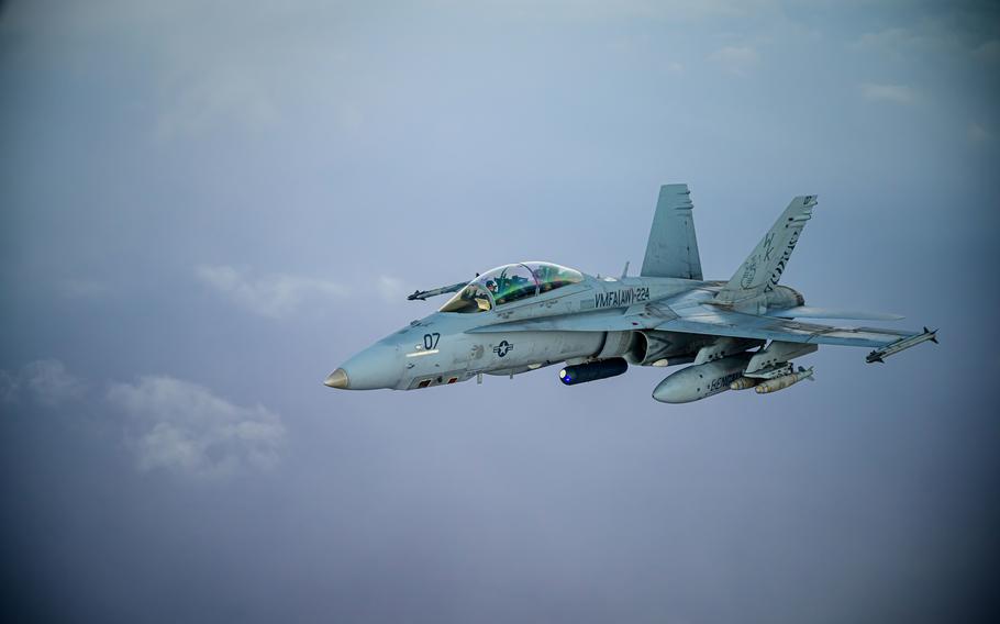 A U.S. Marine Corps F/A-18D Hornet aircraft from Marine All Weather Attack Squadron 224, Marine Aircraft Group 31 flies a mission supporting Dynamic Force Employment over the U.S. Central Command area of responsibility, May 20, 2021.