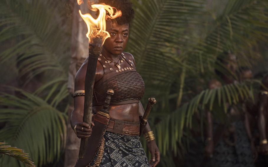 Viola Davis as Nanisca, a grizzled army general, in “The Woman King.” 