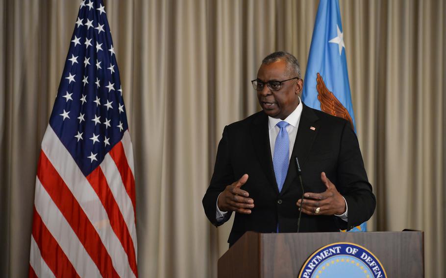 Defense Secretary Lloyd J. Austin answers questions at the Ukraine Defense Consultative Group at Ramstein Air Base, Germany, April 26, 2022. Austin said the conference was the beginning of recurring engagements to help coordinate more efficient aid deliveries to Ukraine. Ramstein will host another consultative group meeting Sept. 8. 