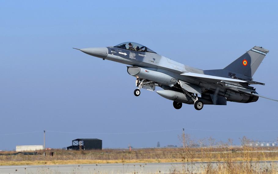 A Romanian F-16 Fighting Falcon lands at Borcea Air Base, Romania, in October 2021, during operation Castle Forge. An F-16 training center will be set up at Borcea, a joint effort between Lockheed Martin and the governments of Romania and Poland. It could eventually host Ukrainian trainees.